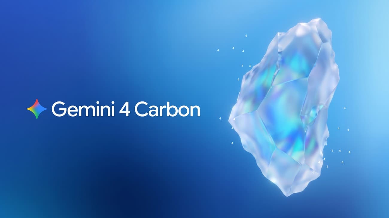 Official Google Gemini 4 Carbon announcement image with a translucent blue crystal