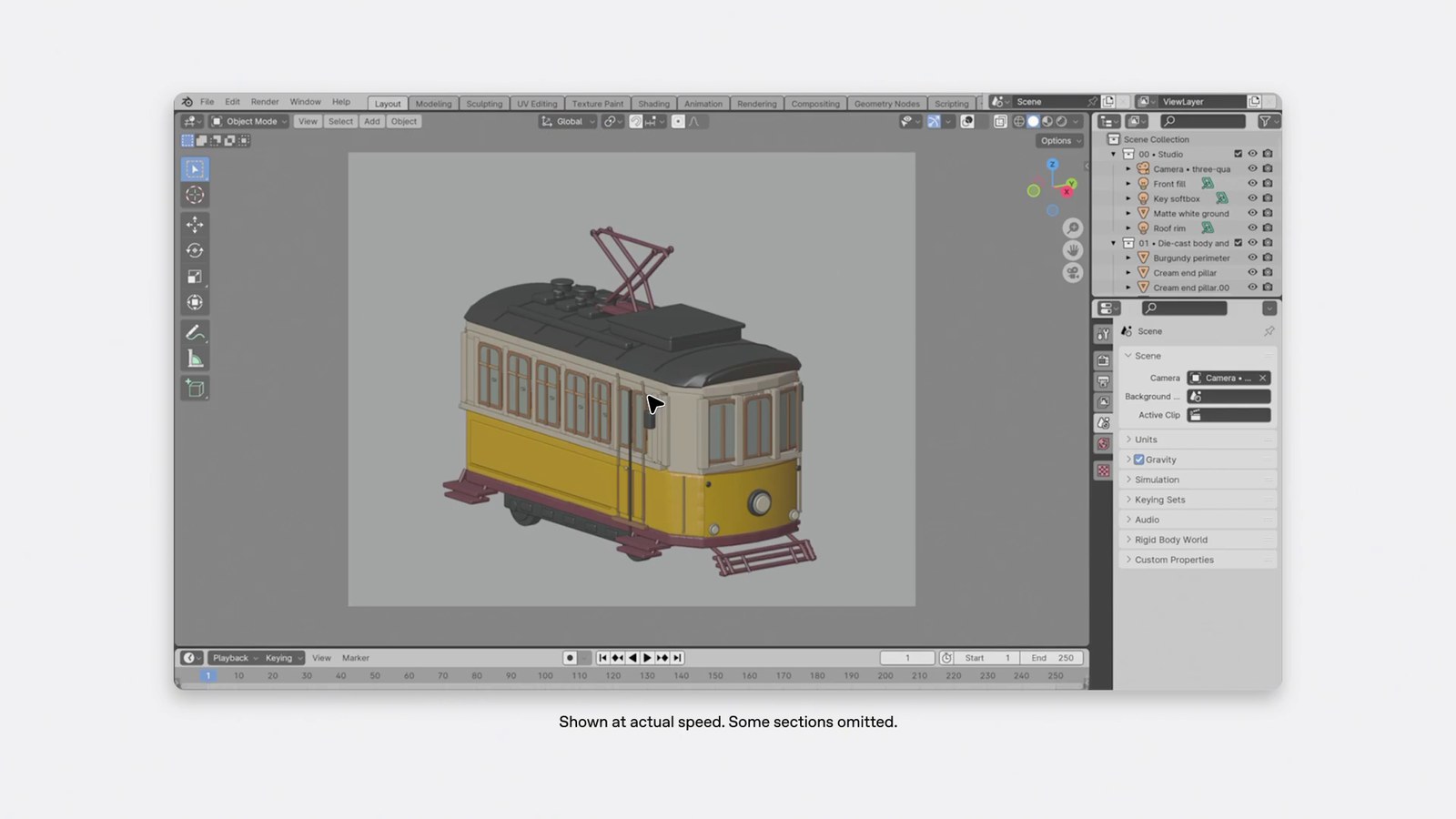 GPT-6.1 Terra computer-use demo: Blender viewport showing a 3D model of a yellow Lisbon tram built by the model