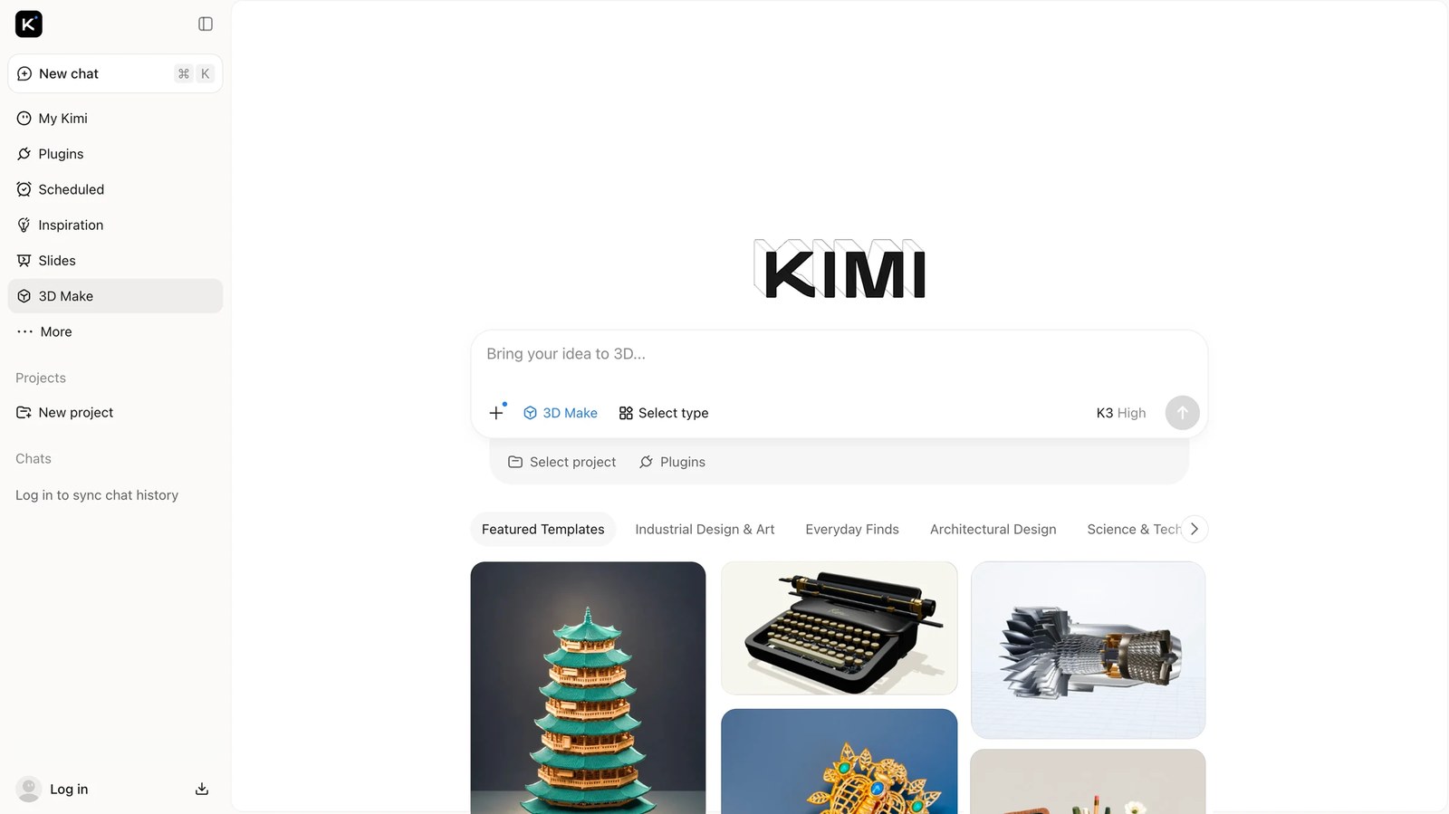 Kimi app 3D Make screen with a Bring your idea to 3D prompt box and featured templates such as a pagoda, a typewriter and a jet engine
