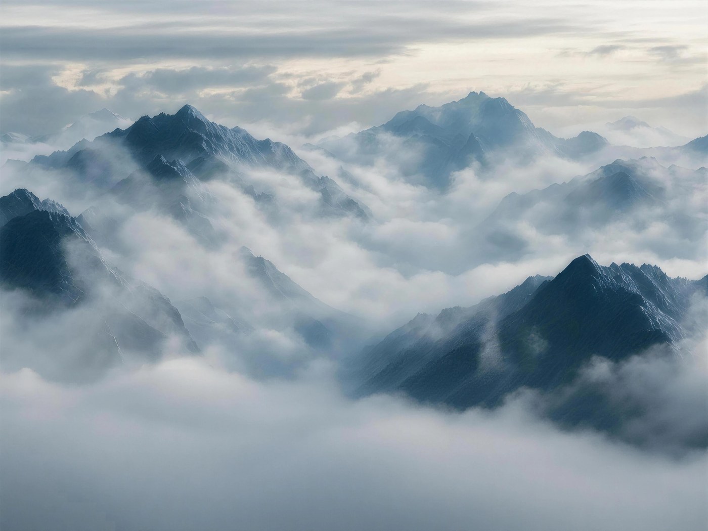 Official Kimi K3.1 Pro launch artwork from Moonshot AI: dark mountain peaks rising above a sea of clouds