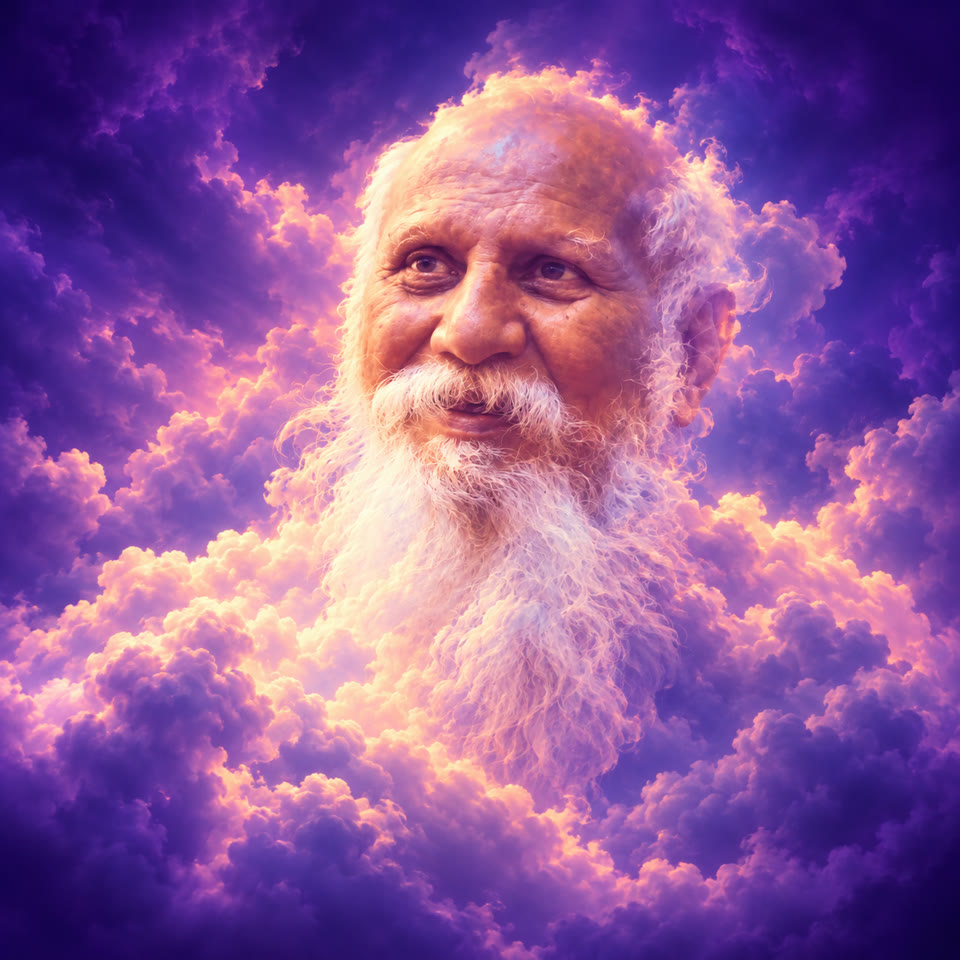 Illustrated portrait of Brahmarshi Patriji, smiling, among glowing purple and golden clouds